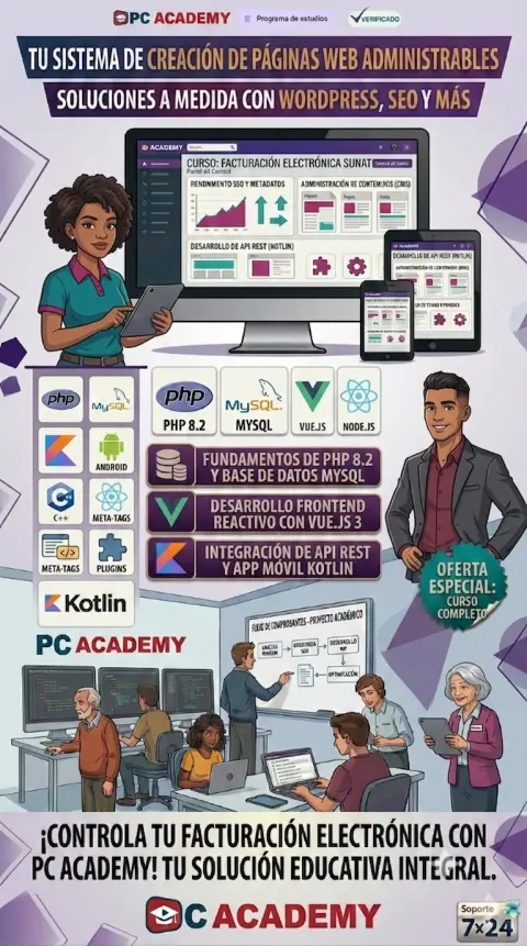 PC Academy: Curso Facturación Electrónica PHP + Vue + Kotlin — oferta PCEFACT PERU